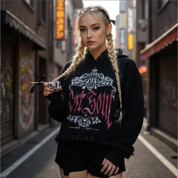 Fact Unfounded Lost Soul Hoodie – by Widow Black Lace Trim Gothic Graphic XS - Picture 1 of 6